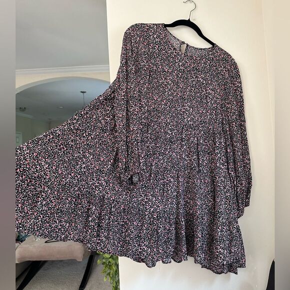 Zara black w/ pink florals flowy long sleeve puff sleeve mini dress bubble style - Picture 6 of 8